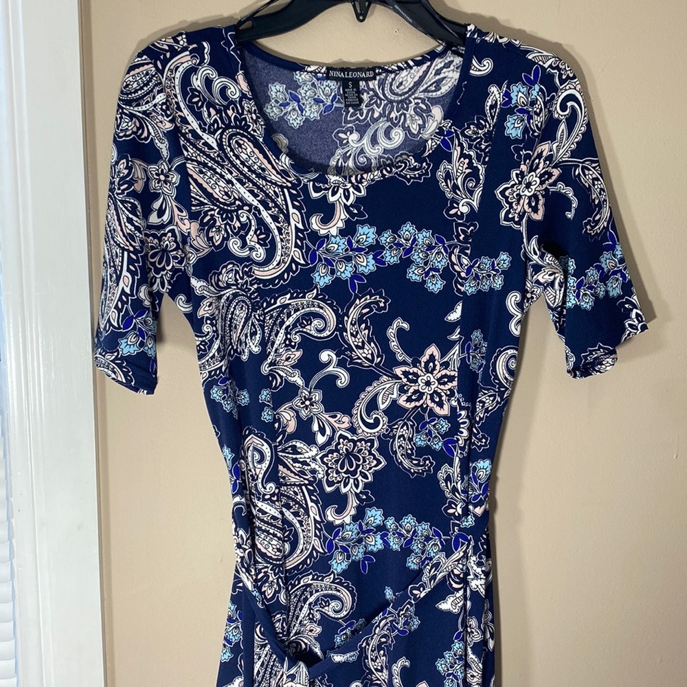 Nina Leonard Navy Blue Paisley Midi Dress